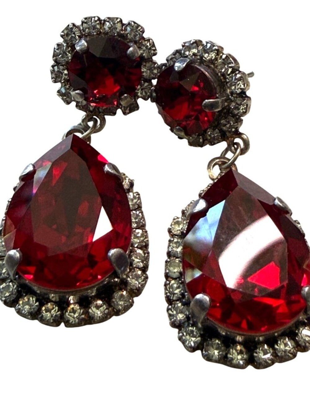 Vintage Red Glass Rhinestone Drop Earrings Silver-Tone 1.5 Inches Pierced Statem